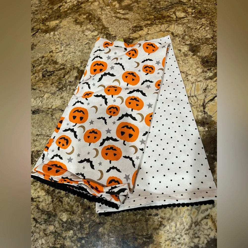 Goblin & Ghoul enbroidered kitchen towels set LITTLE WITCHY and pumpkins NEW!
